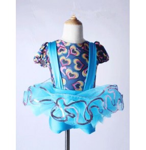 Turquoise blue printed patchwork suspender leotard printed spandex girls kids children performance competition modern tutu ballet dance outfits costumes